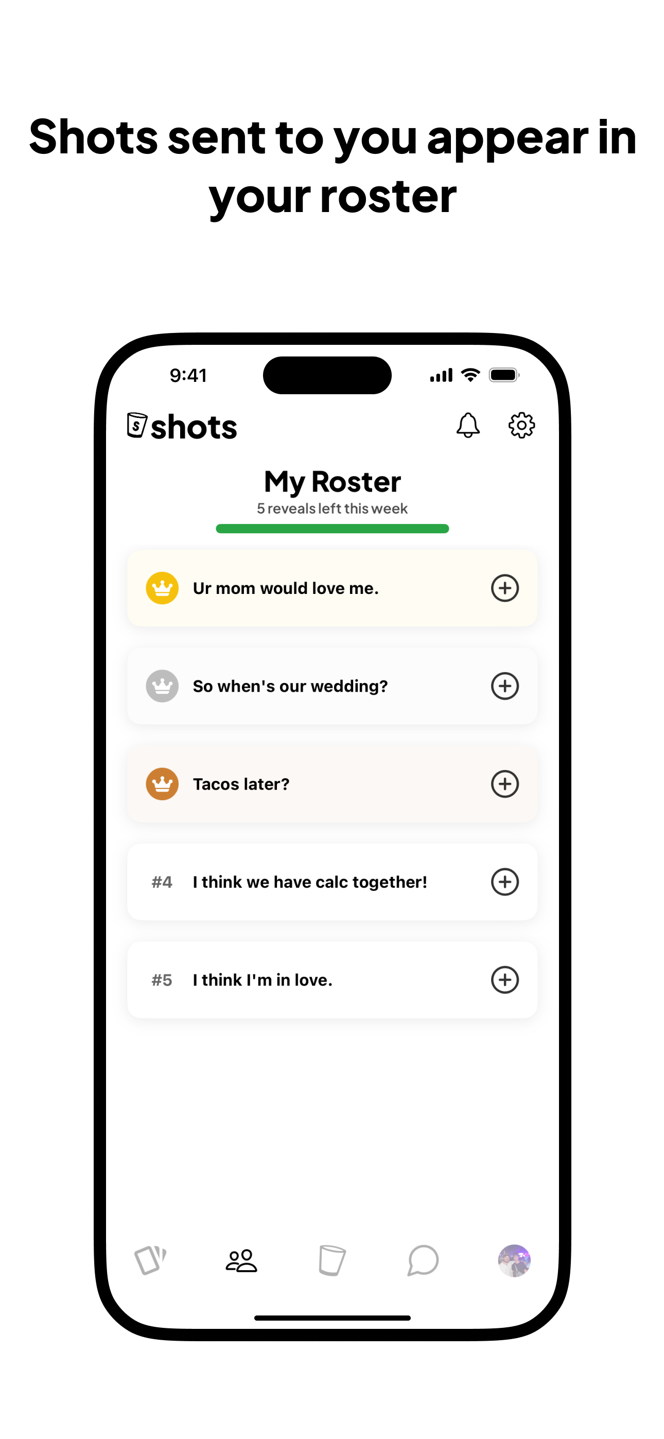 Your roster of shots